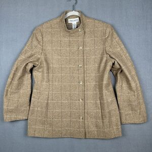 VTG Jones‎ Wear Wool Blazer Womens 14 Beige Tweed Double Breasted Band Collar